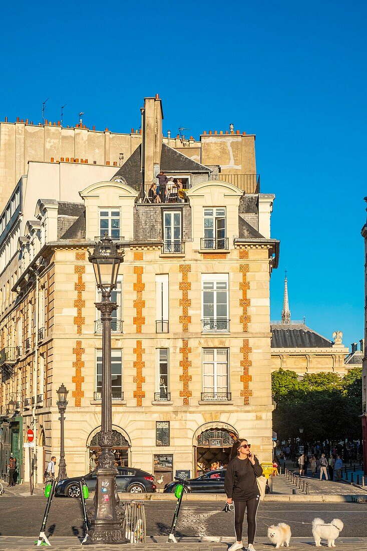 France, Paris, area listed as World Heritage by UNESCO, Ile de la Cite, Place du Pont Neuf, old buildings\n