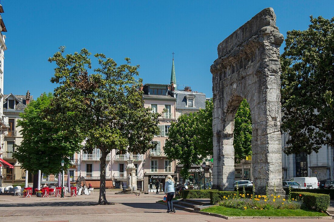 France, Savoie, Aix les Bains, Riviera of the Alps, the Roman Arch of Campanus on the place of the baths and the bell tower of the church\n