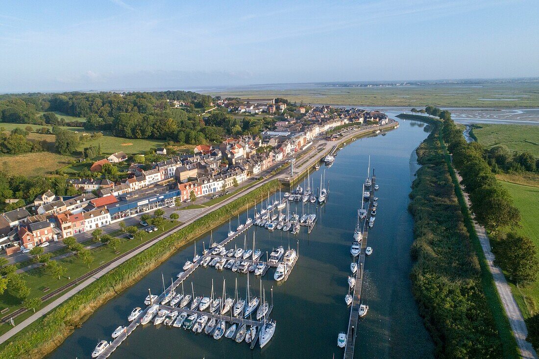 France, Somme, Baie de Somme, Saint Valery sur Somme, marina (aerial view)\n