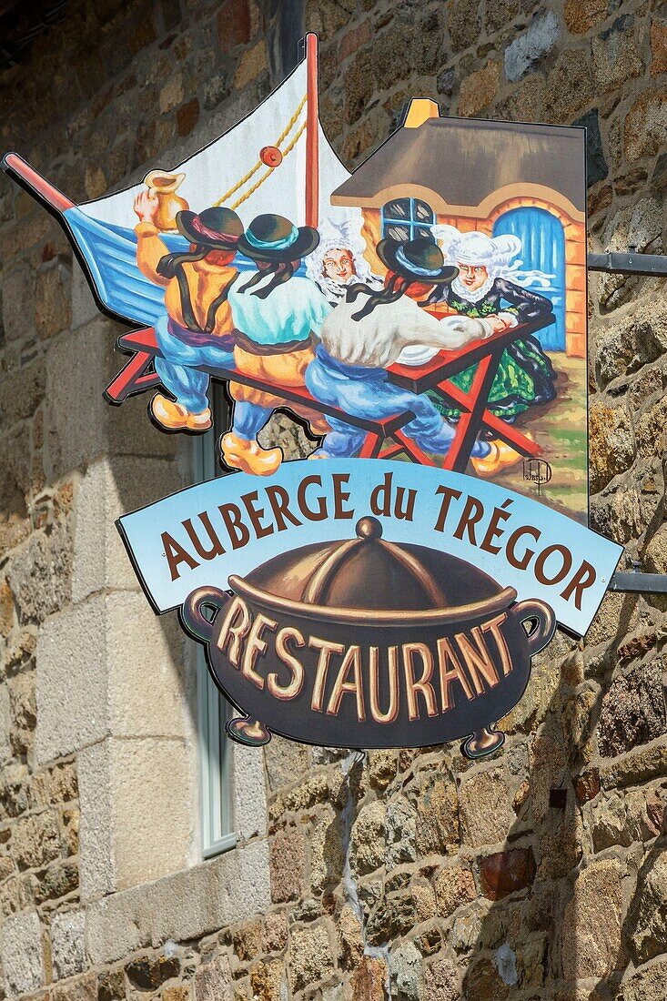 France, Cotes d'Armor, Treguier, detail of a restaurant sign\n