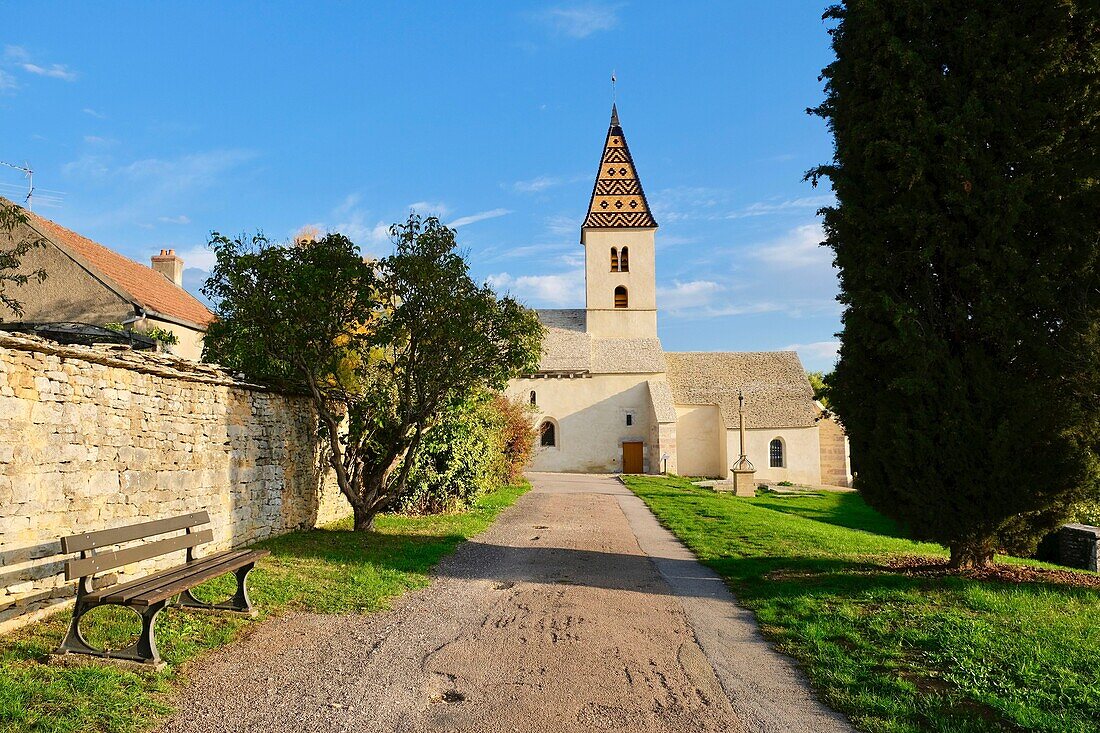 France, Cote d'Or, Fixin, Saint Antoine de Fixey church with a bell tower in glazed tile of burgundy\n