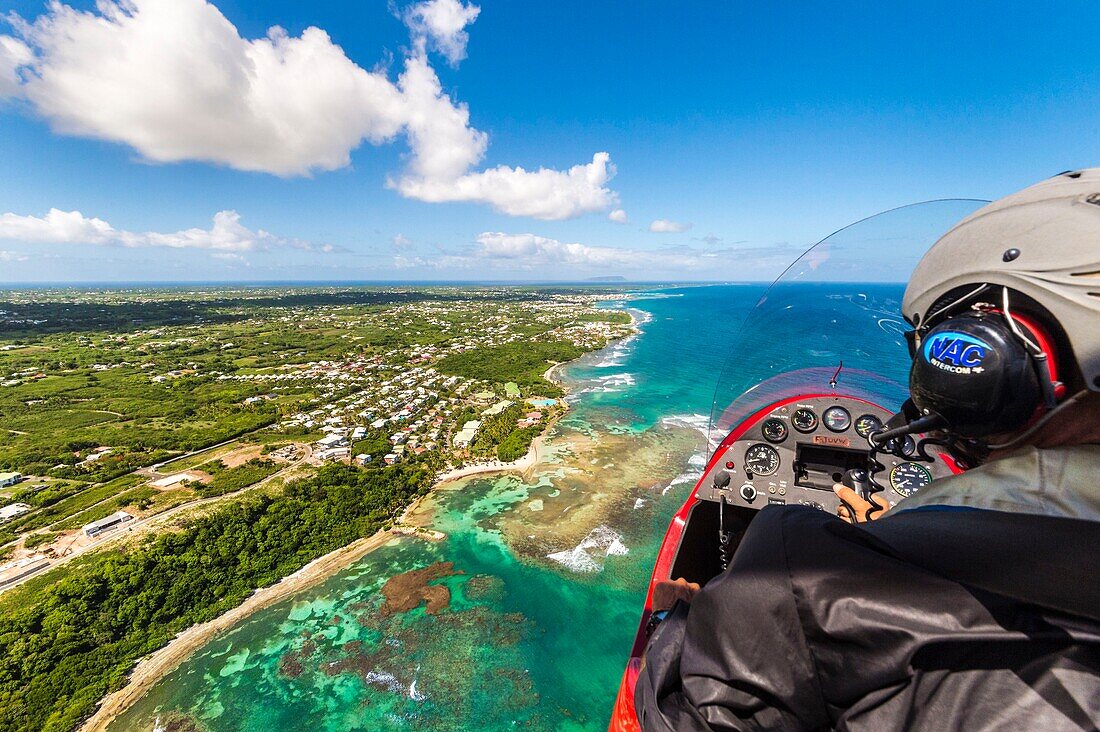 France, Caribbean, Lesser Antilles, Guadeloupe, Grande-Terre, Saint-François, aerial view of the coast at anse des Rochers\n