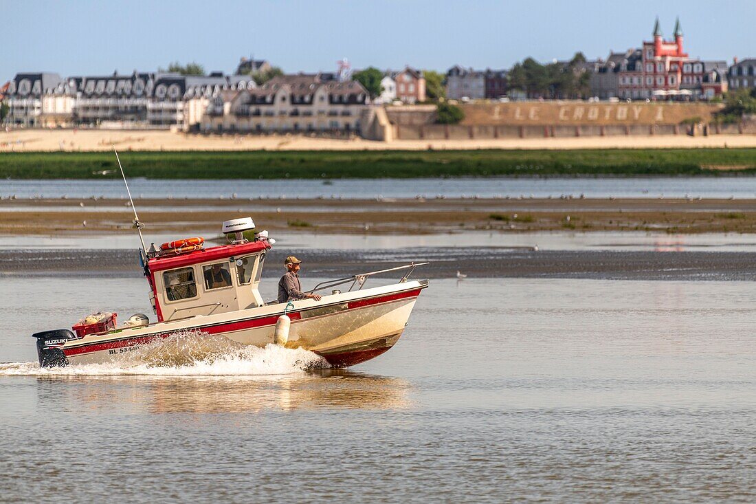 France, Somme, Somme Bay, Saint Valery sur Somme, Cape Hornu, Fishermen in the channel of the Somme, from Cape Hornu facing Crotoy\n