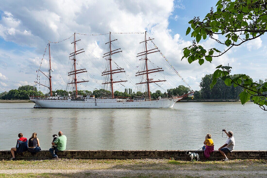 France, Seine Maritime, Caudebec-en-Caux, Armada of Rouen 2019, the Sedov descending the Seine\n