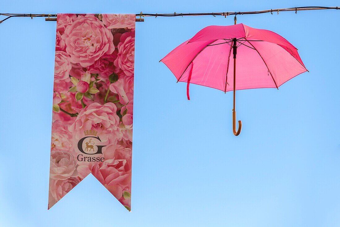 France, Alpes-Maritimes, Grasse, historic center, pink umbrella of the Place aux Aires\n