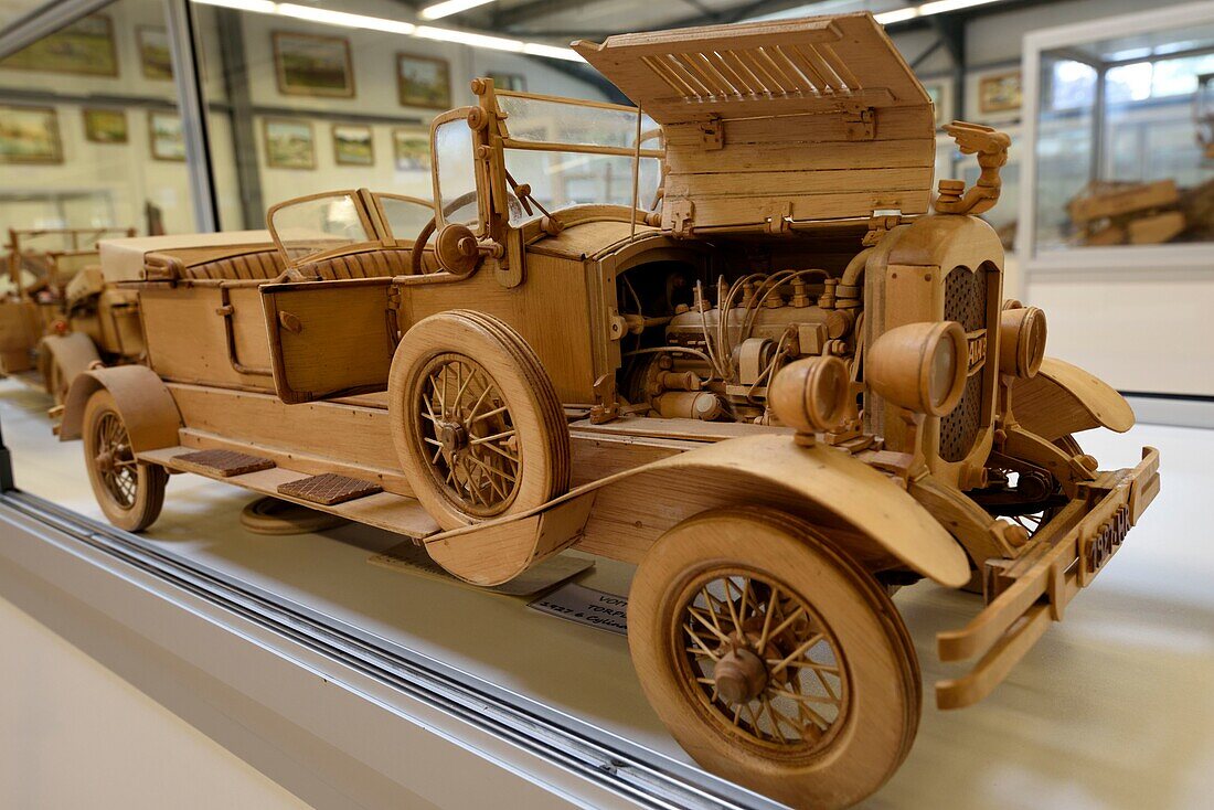 France, Jura, Clairvaux les Lacs, Museum of Food Machines and Running the World, wooden models, car\n