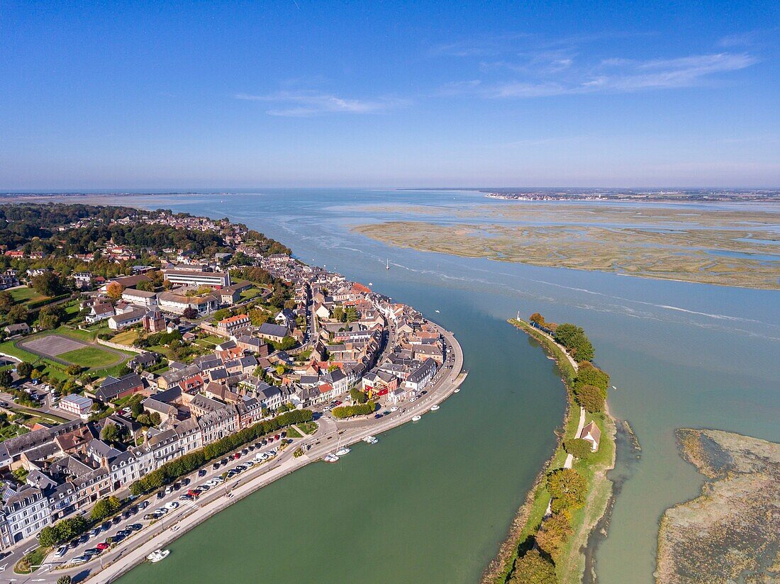 France, Somme, Somme Bay, Saint Valery sur Somme, high tides, the salted meadows around Saint Valery gradually invaded by the sea (aerial view)\n