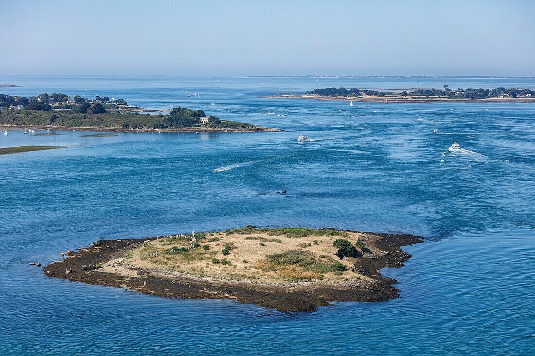 France, Morbihan, Gulf of Morbihan, Er Lannic island with the cromlech and the gulf mouth (aerial view)\n