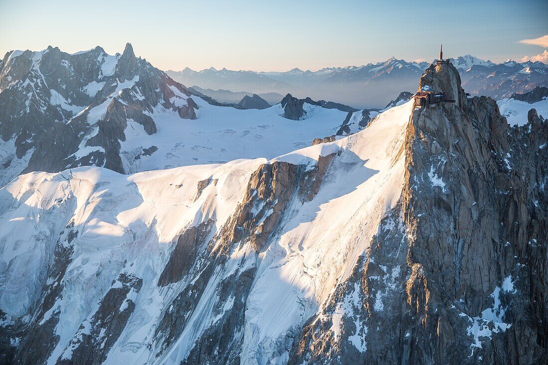 France, Haute Savoie, Chamonix Mont Blanc, Aiguille du Midi (3842m) (aerial view)\n