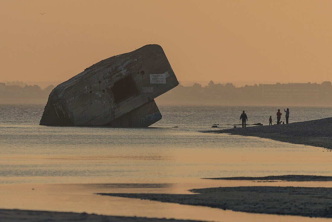 France, Somme, Baie de Somme, Le Hourdel, the blockhouse of Le Hourdel early morning, in the Baie de Somme, the Hourdel blockhouse is an element of the Atlantic Wall erected by the Germans during the Second World War\n