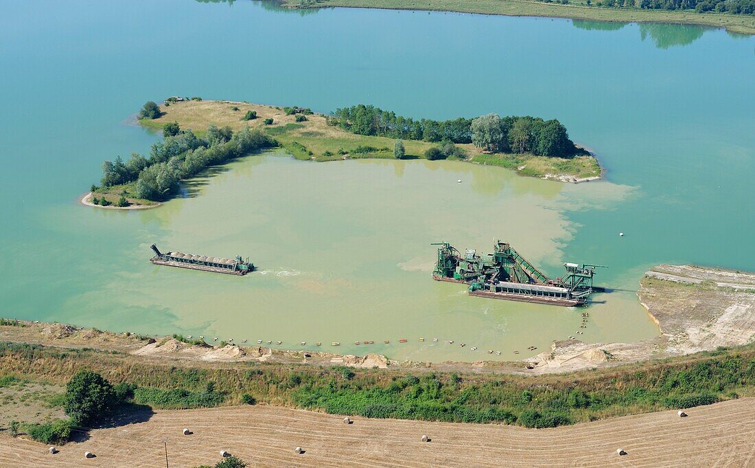 France, Manche, Cotentin, sand and gravel extraction (aerial view)\n