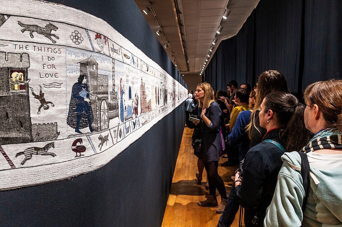 France, Calvados, Bayeux, inauguration of the Game of Throne Tapestry more than 80 meters long in Hotel du Doyen heritage building, begining of tapestry , the scenes of the Bayeux Tapestry are embroidered with woollen threads on a linen canvas\n