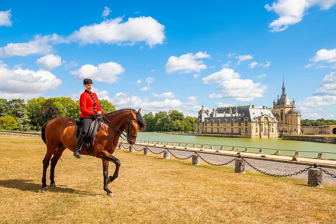 France, Oise, Chantilly, Chateau de Chantilly, the Grandes Ecuries (Great Stables), Clara rider of the Grandes Ecuries, runs his horse at the Spanish pace in front of the castle\n