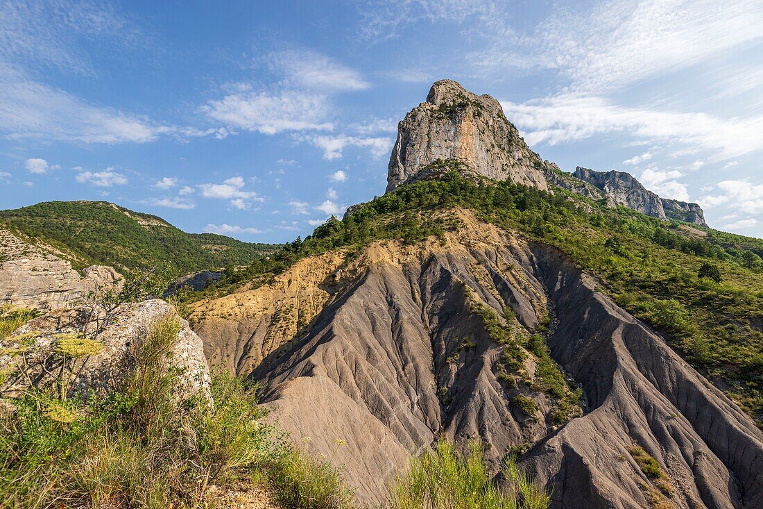 Frankreich, Hautes-Alpes, regionaler Naturpark der Baronnies Provençal, Orpierre, Kletterfelsen Quiquillon (1025 m)