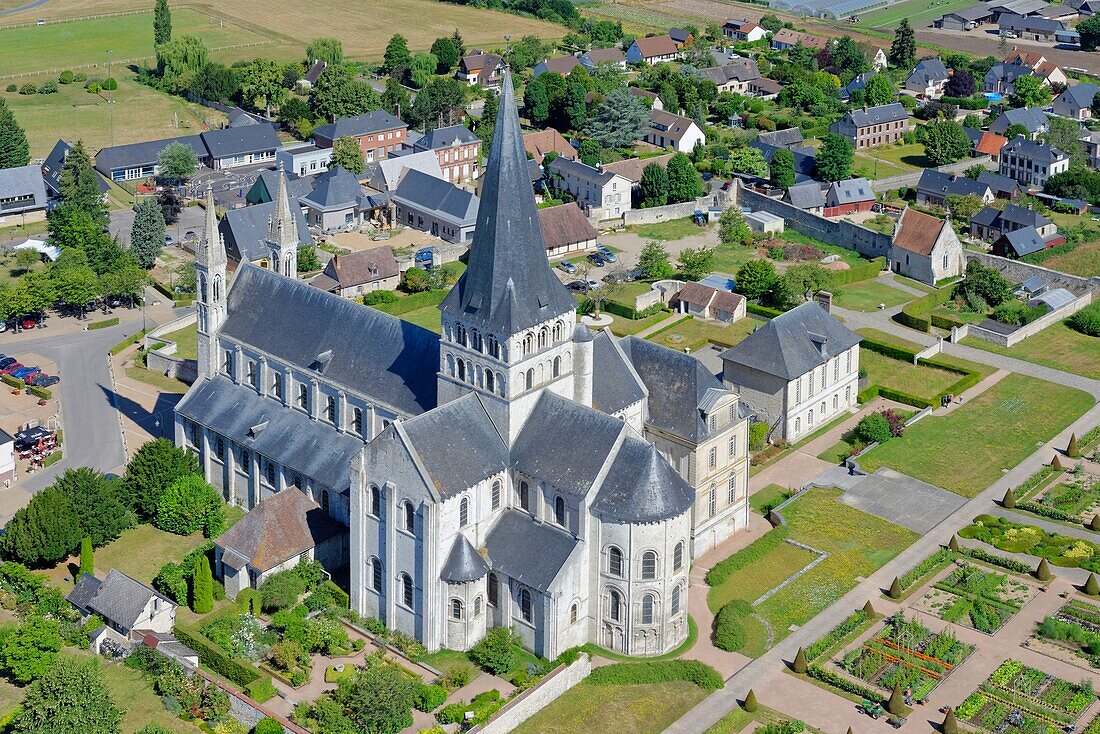 France, Seine Maritime, Saint Martin de Boscherville, Saint Georges de Boscherville Abbey of the 12th century (aerial view)\n