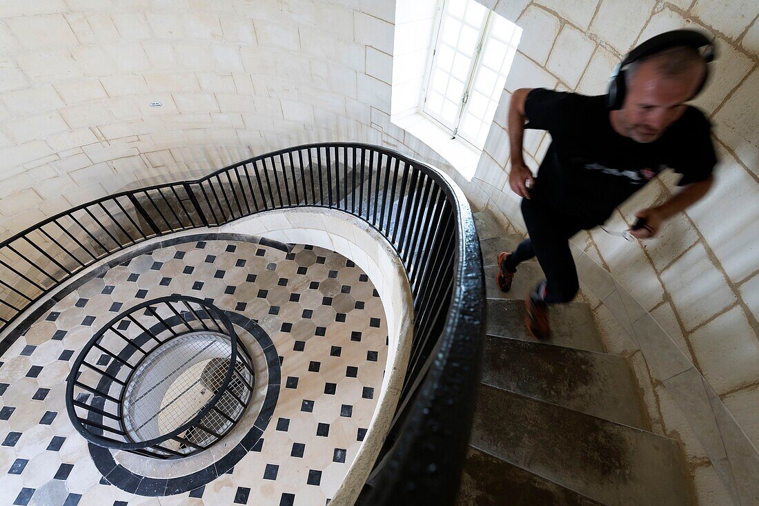 France, Gironde, Verdon-sur-Mer, rocky plateau of Cordouan, lighthouse of Cordouan, classified Historical Monuments, lighthouse keeper playing sports on stairs\n