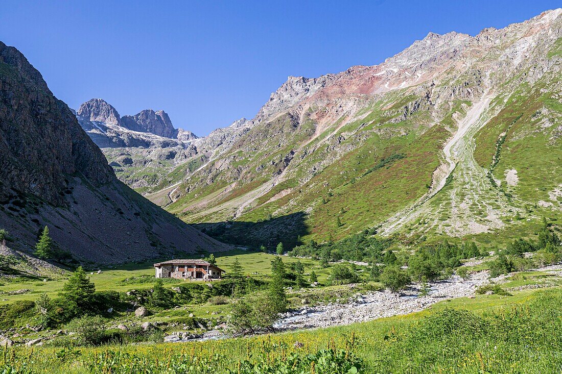 Frankreich, Hautes Alpes, Ecrins Nationalpark, Champsaur Tal, Drac de Champoléon Tal oder Drac Blanc, die Pré de la Chaumette Hütte (1800m) auf dem GR57 Wanderweg, im Hintergrund die Pointe de Chabournéou (3250m) und die Pointe de Verdonne (3328m)