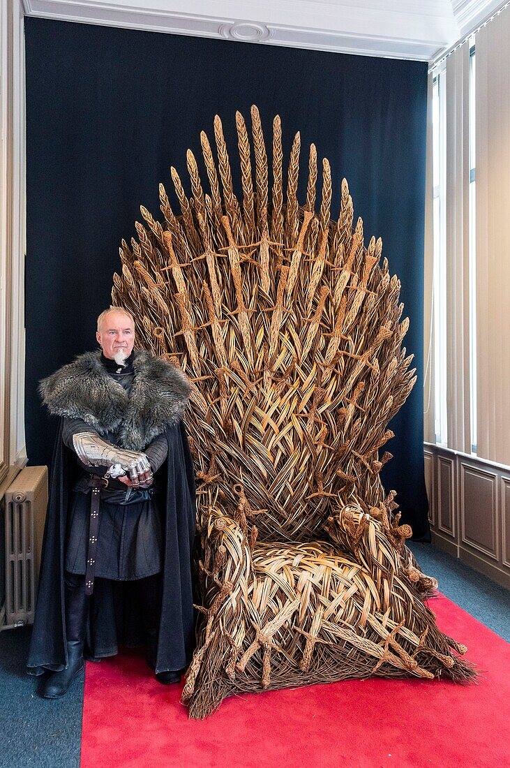 France, Calvados, Bayeux, inauguration of the Game of Throne Tapestry more than 80 meters long in Hotel du Doyen heritage building, Iron Throne in basketry artwork\n