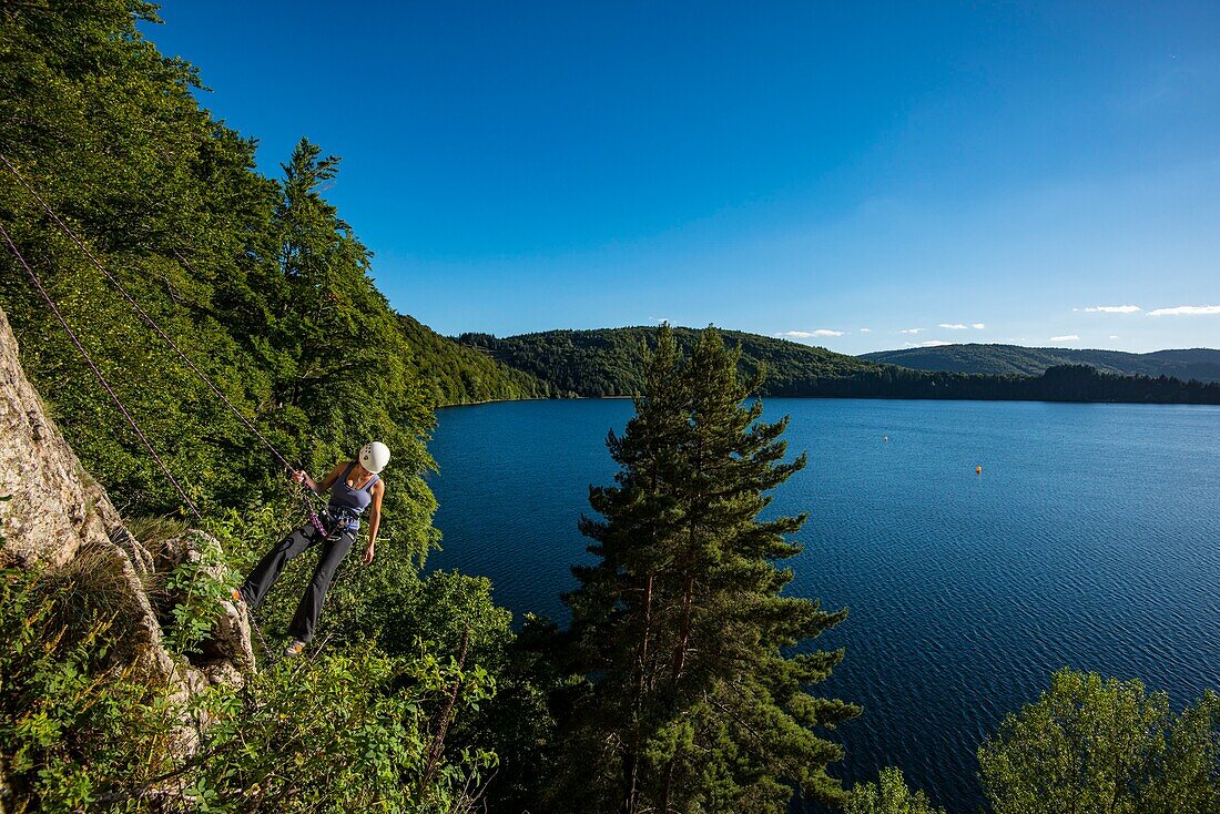 France, Ardeche, Le Lac d'Issarles, climbing area of the Dame du Lac\n