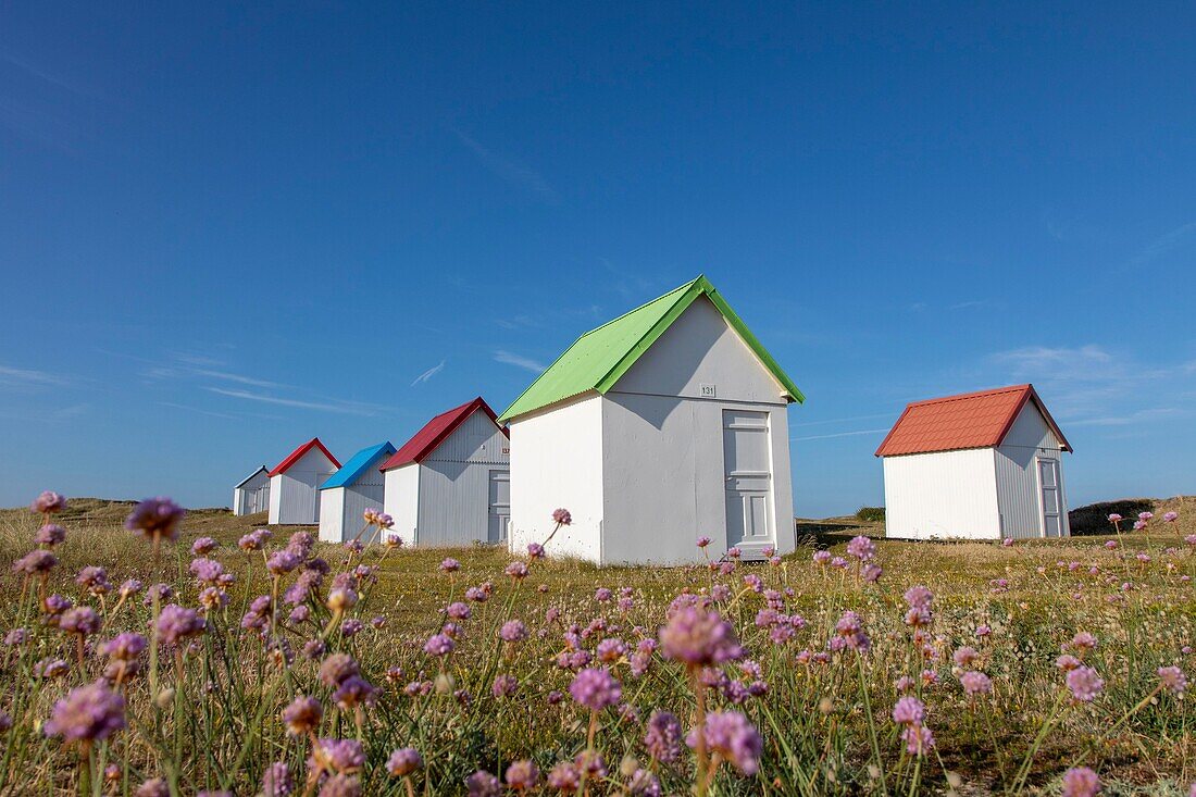 France, Manche, Cotentin, Gouville sur Mer, beach cabins\n