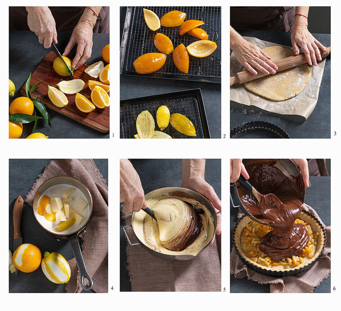 Schokoladentarte mit kandierter Orange und Zitrone