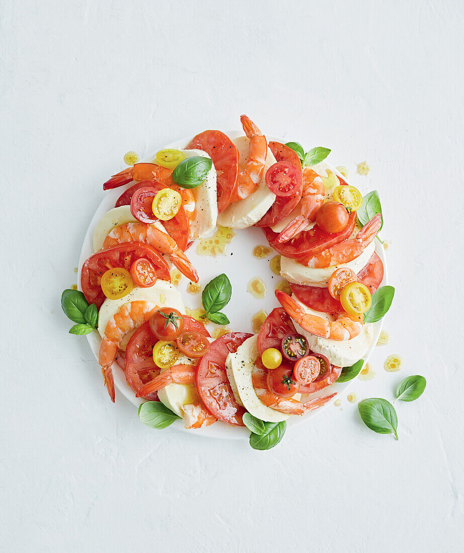 Caprese salad with garlic shrimp