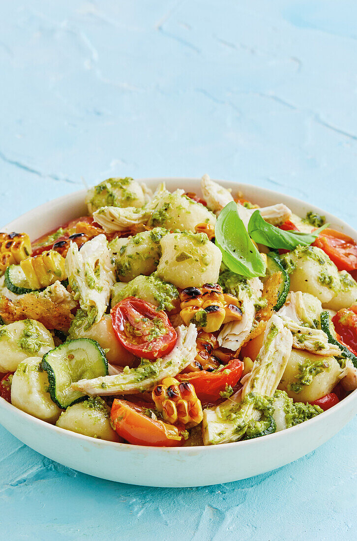 Gnocchi with zucchini, sweetcorn, chicken and pesto