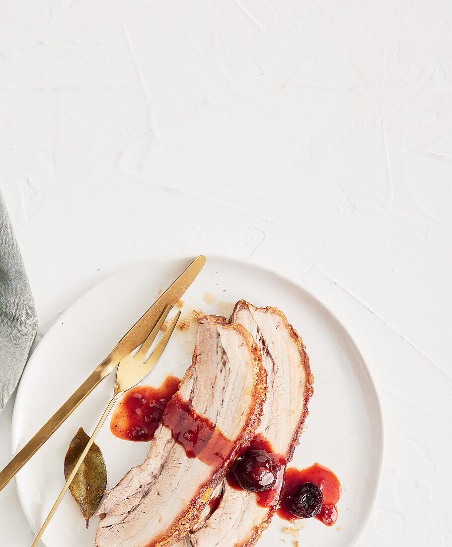 Pork belly with cherry barbecue sauce