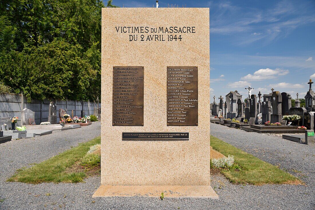 France, Nord, Villeneuve d'Ascq, Ascq cemetery, graves and memorial of the victims of the Ascq massacre that occurred during the night of April 1 to 2, 1944 during which 86 civilians were shot by the Germans\n