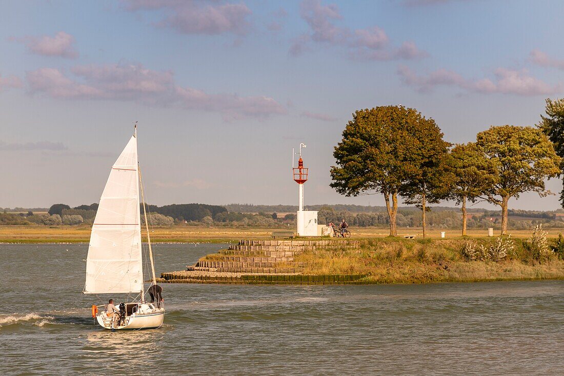 Frankreich, Somme, Somme-Bucht, Saint Valery sur Somme, Kap Hornu, Rückkehr der Segelboote in den Yachthafen von Saint Valery bei Flut