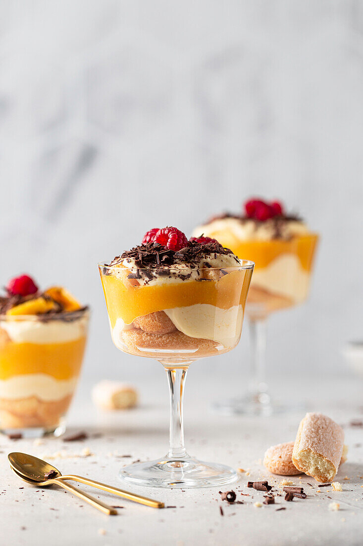 Mango tiramisu with mascarpone cream, fresh raspberries and chocolate shavings