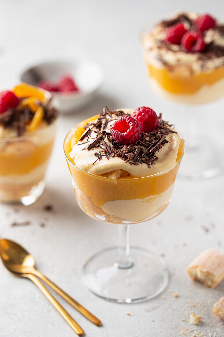 Mango tiramisu with mascarpone cream, fresh raspberries and chocolate shavings