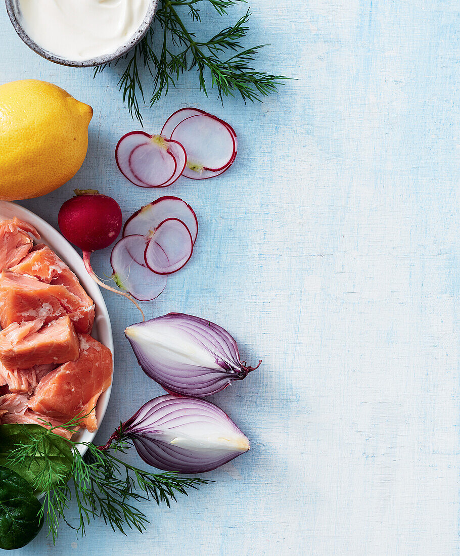 Ingredients for creamy salmon and potato salad