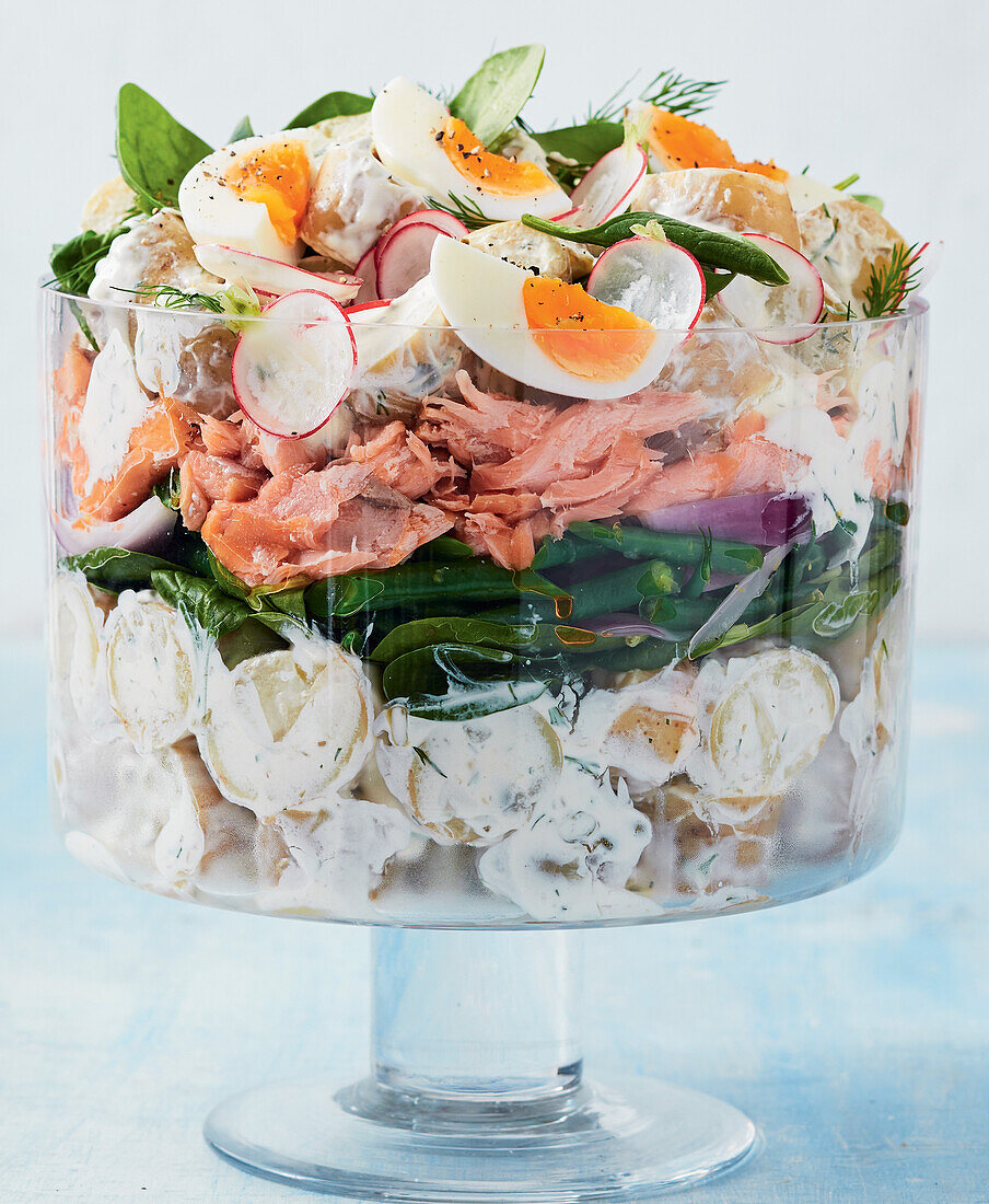 Creamy salmon and potato salad with eggs