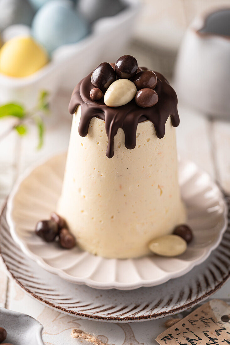 Ricotta dessert with chocolate icing for Easter