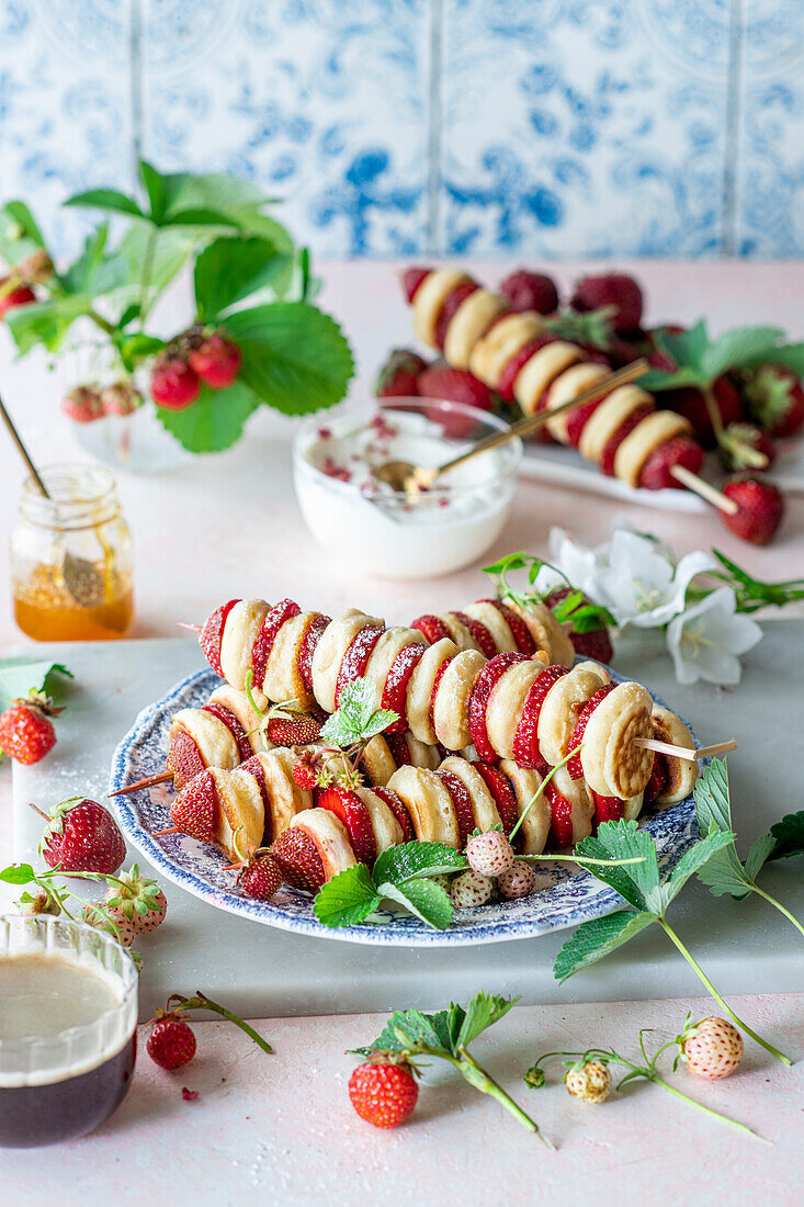 Mini pancake skewers with strawberries