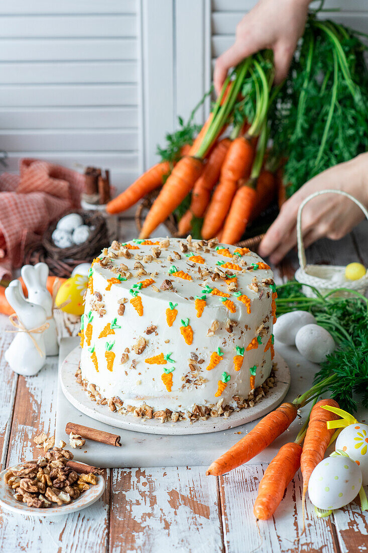 Carrot cake with caramel and pear filling