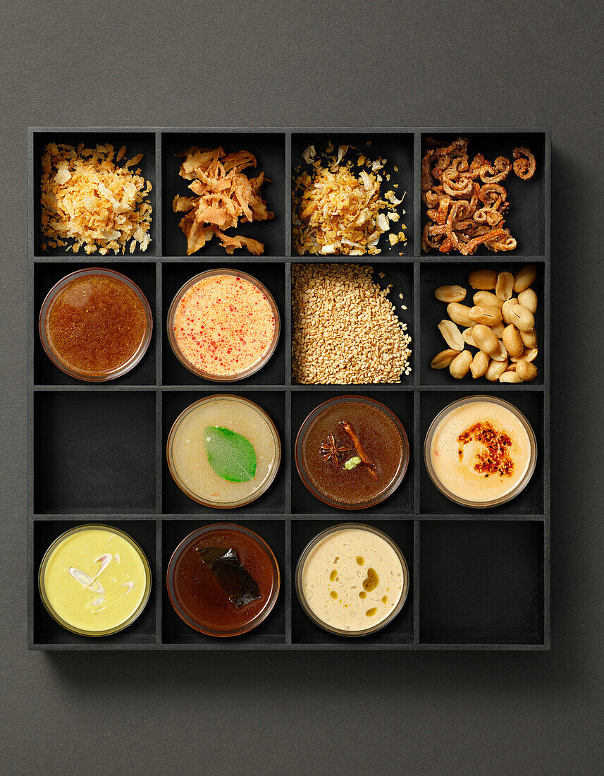 Tray with ingredients for soups