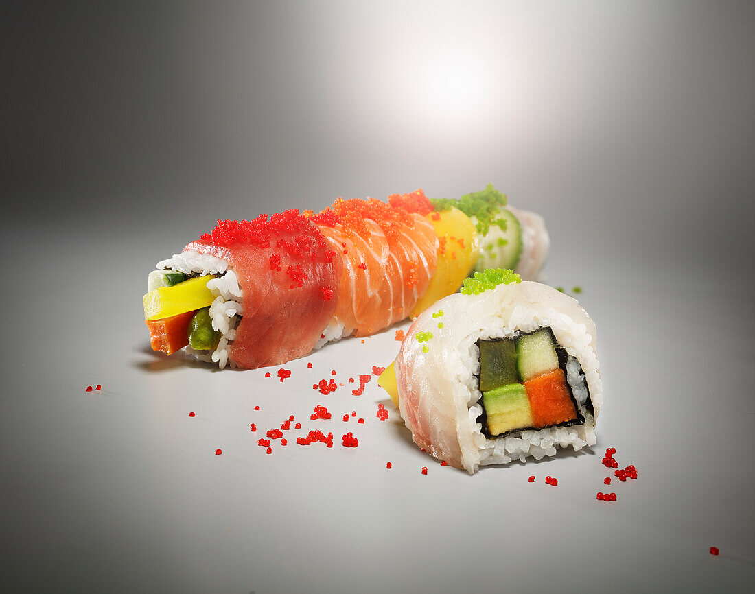 Rainbow sushi roll and maki sushi