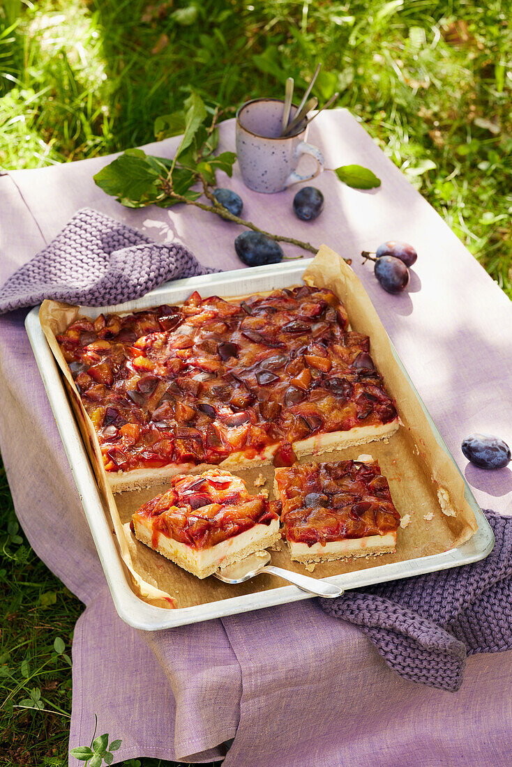 Fruity sour cream semolina cake with plums