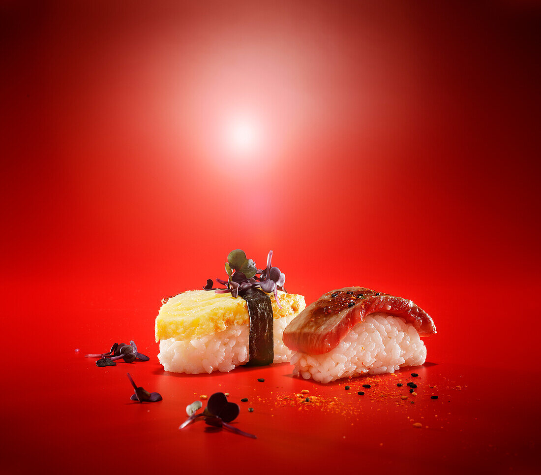 Nigiri sushi with omelet and tuna