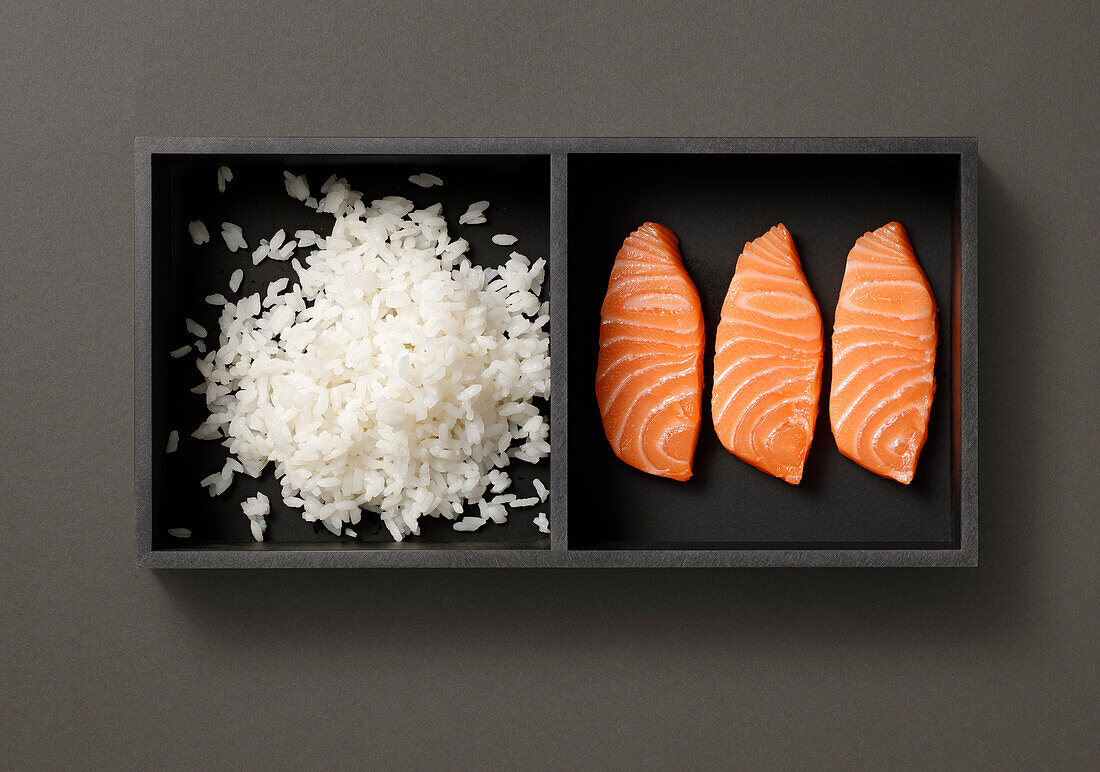Set box with rice and salmon