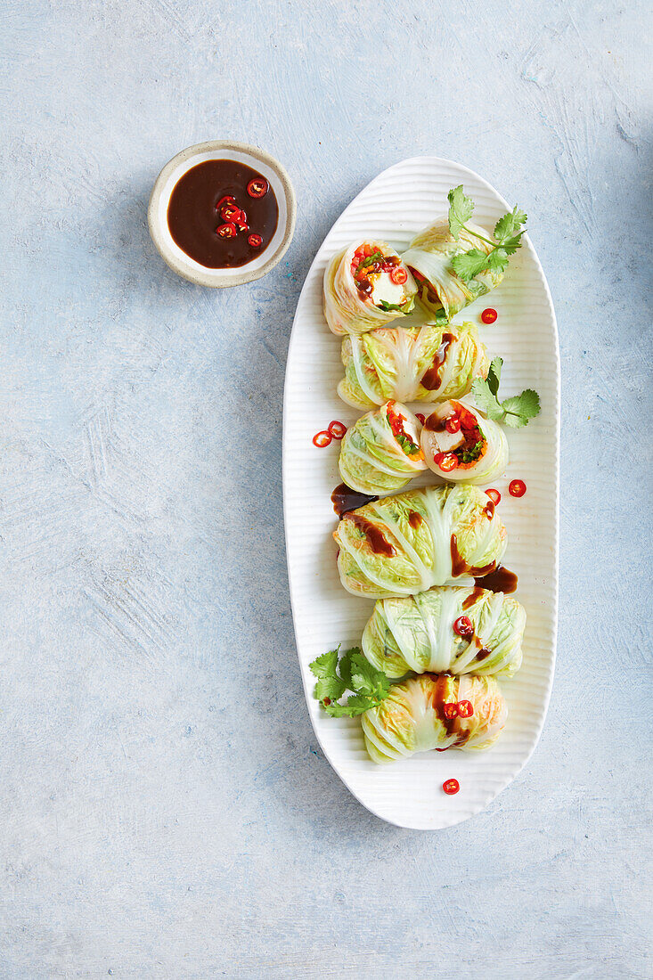 Chinese cabbage rolls with sticky tofu