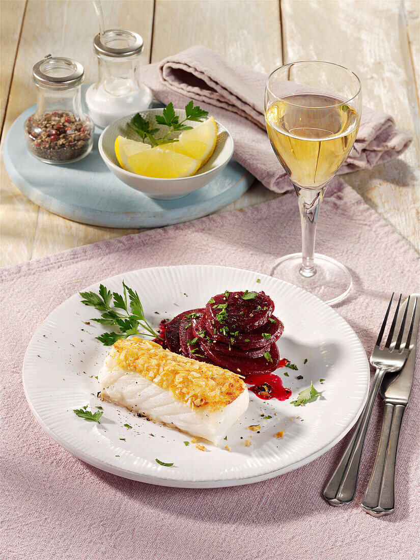 Almond and mustard crusted fish with beetroot salad