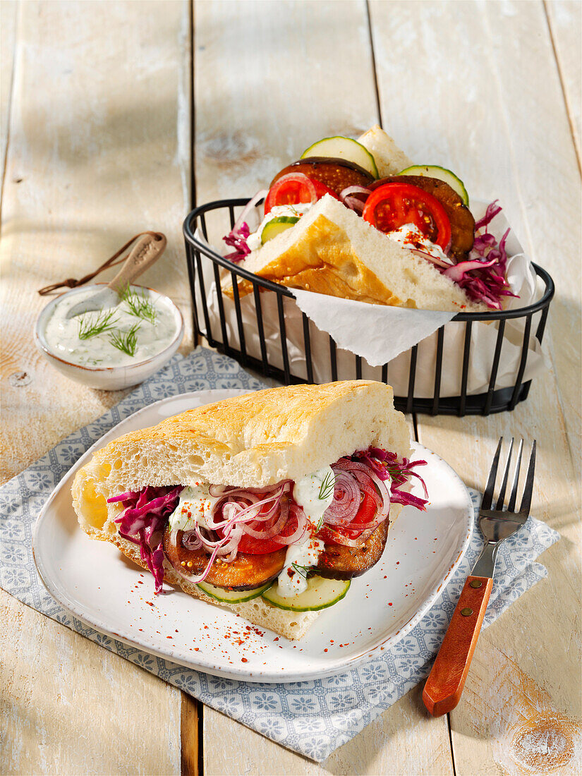 Vegetarian vegetable sandwich with red cabbage salad