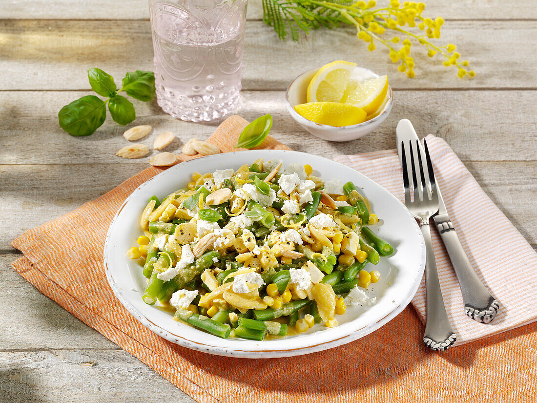 Green bean salad with sweetcorn, almonds and feta