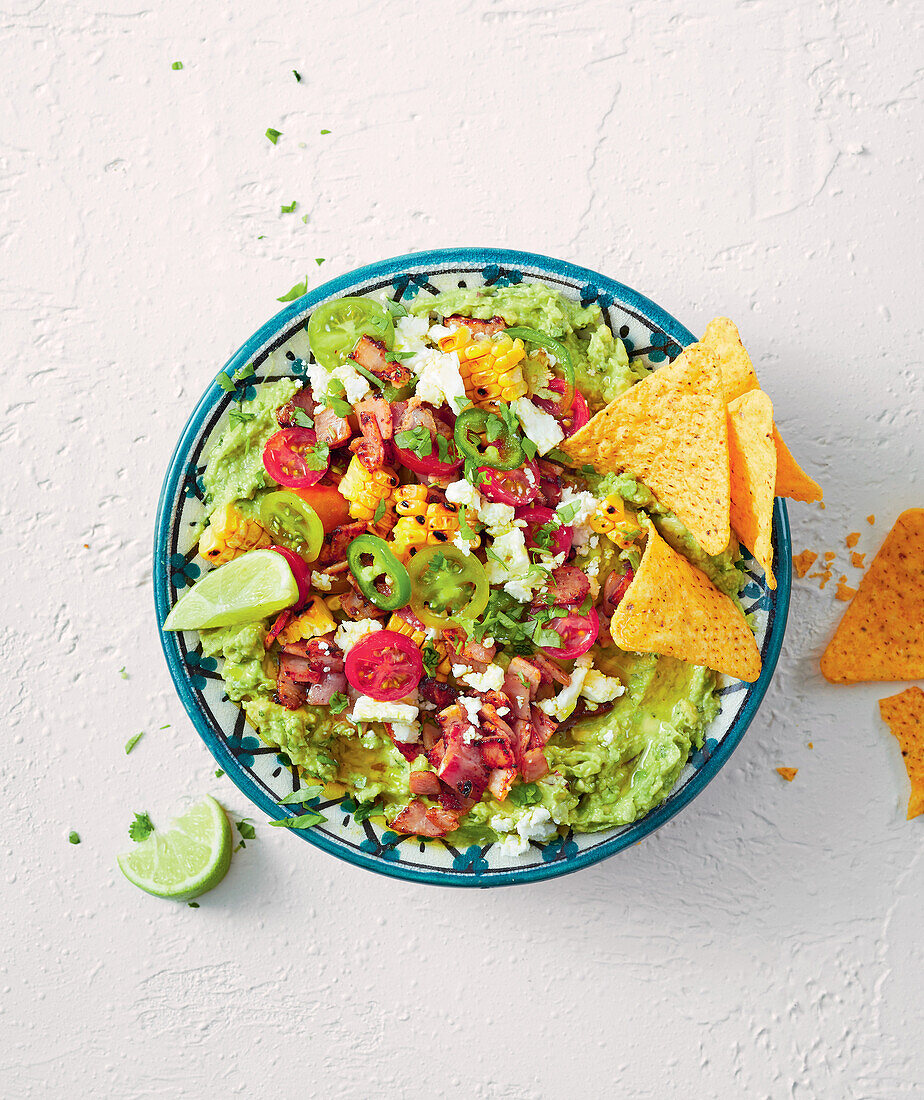 Loaded guacamole with tortilla chips