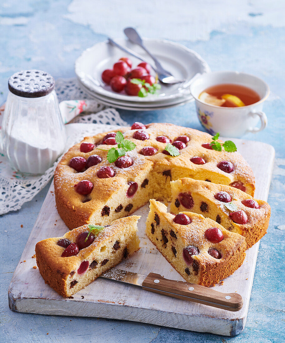 Sunken chocolate sponge cake with grapes