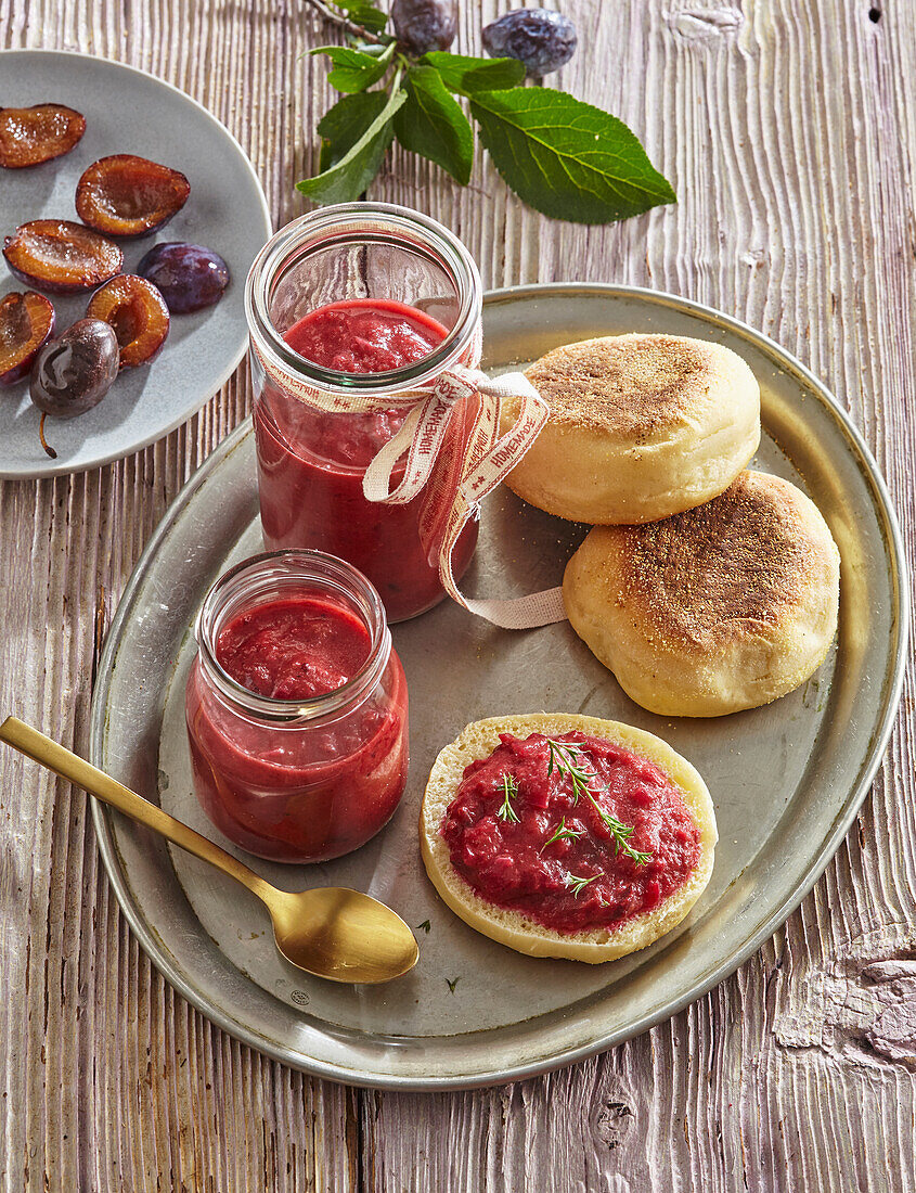 Homemade plum chutney with English muffins