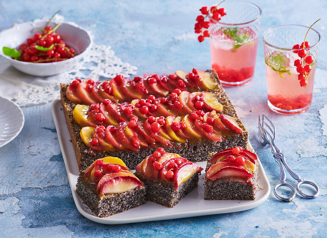 Mohn-Blechkuchen mit Äpfeln und roten Johannisbeeren